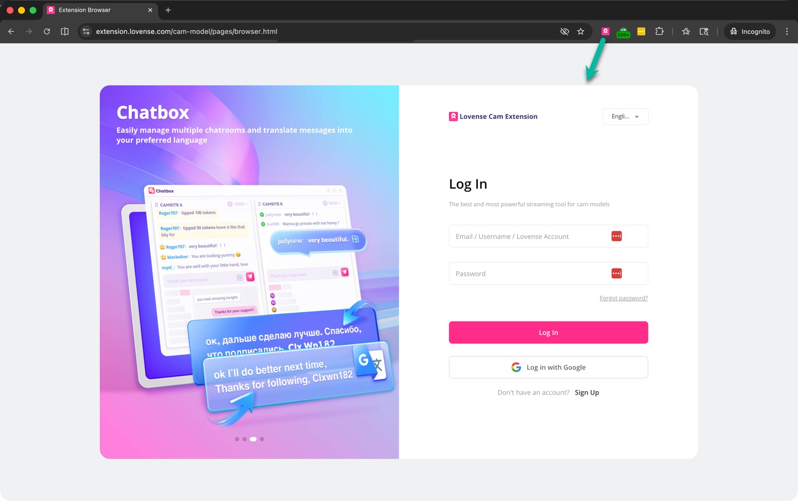 Lovense Cam Extension sign-in screen